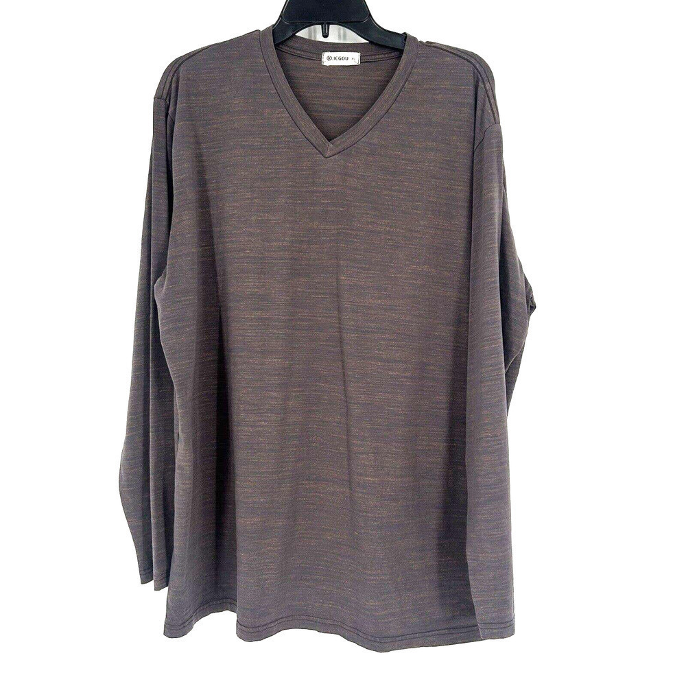 Kliegou Mens V Neck Long Sleeve T Shirt Heather Brown Stretch Size XL